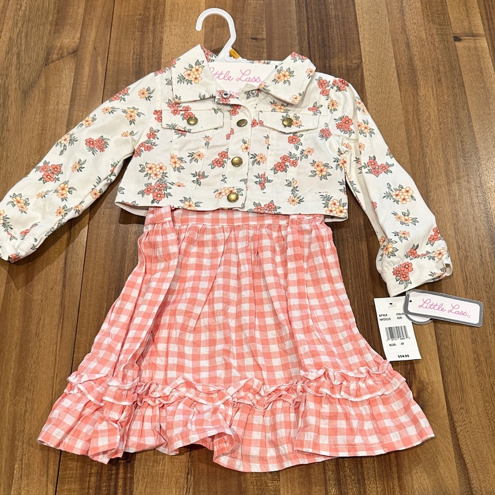 Little Lass Floral Jacket and Pink Checkered Dress